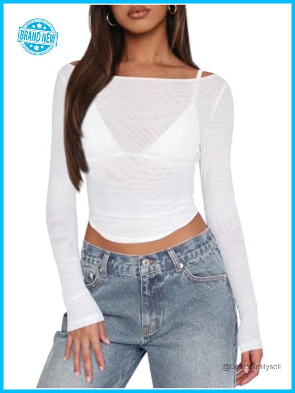 Mesh Sheer Long Sleeve Top Boat Neck See Through Tee Casual Club Party